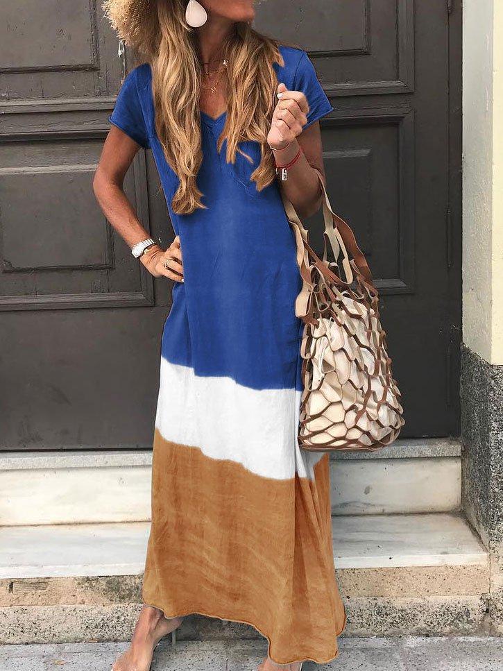 Stitching Multicolor V-neck Short-sleeved Long Skirt Dress - ANIBEY