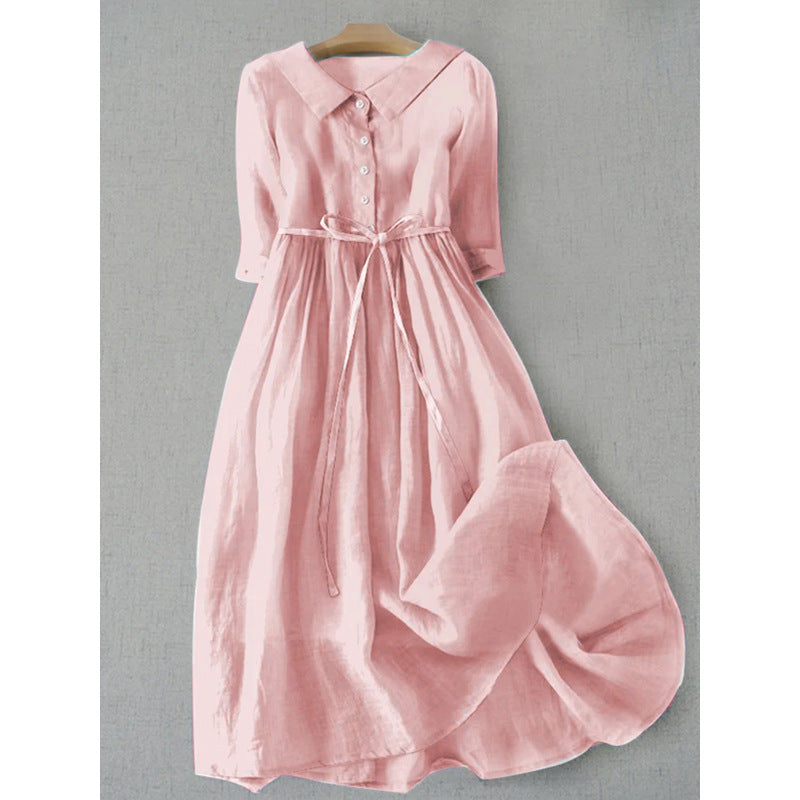 Women's French Retro Cotton And Linen Pleated Lace-up Skirt Dress - ANIBEY