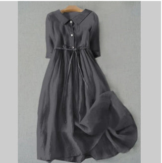 Women's French Retro Cotton And Linen Pleated Lace-up Skirt Dress - ANIBEY