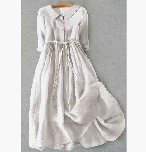 Women's French Retro Cotton And Linen Pleated Lace-up Skirt Dress - ANIBEY