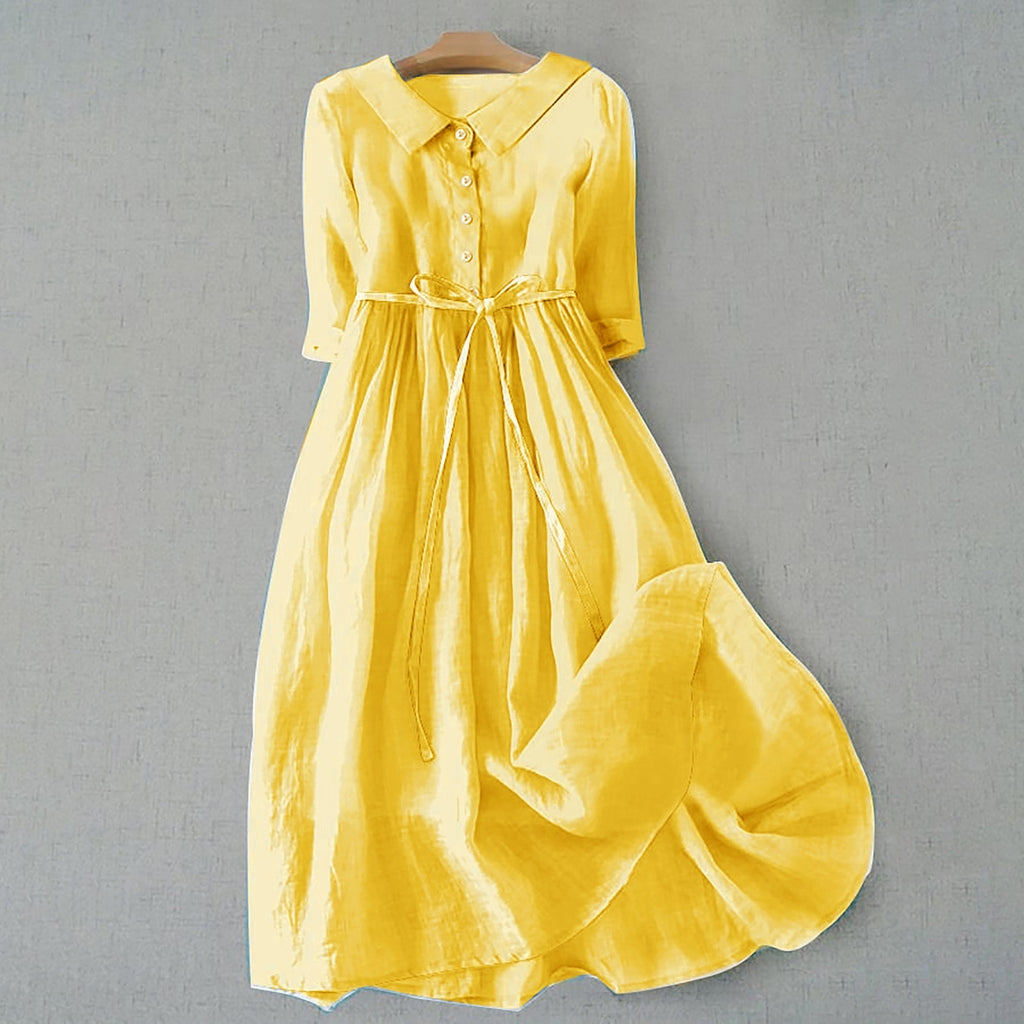Women's French Retro Cotton And Linen Pleated Lace-up Skirt Dress - ANIBEY