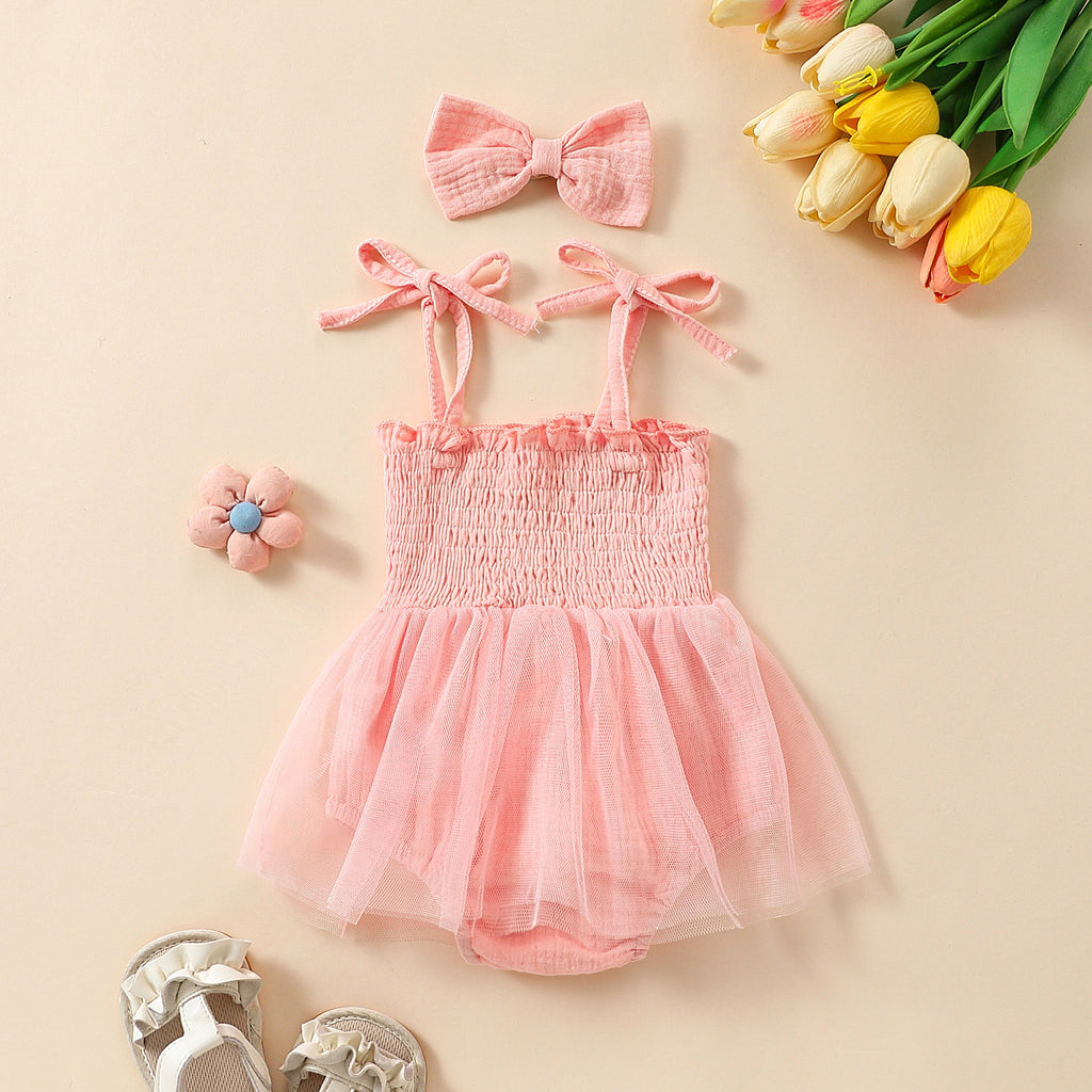 Towel Embroidery Mesh Slip Dress Bowknot Headband Two-piece Set - ANIBEY