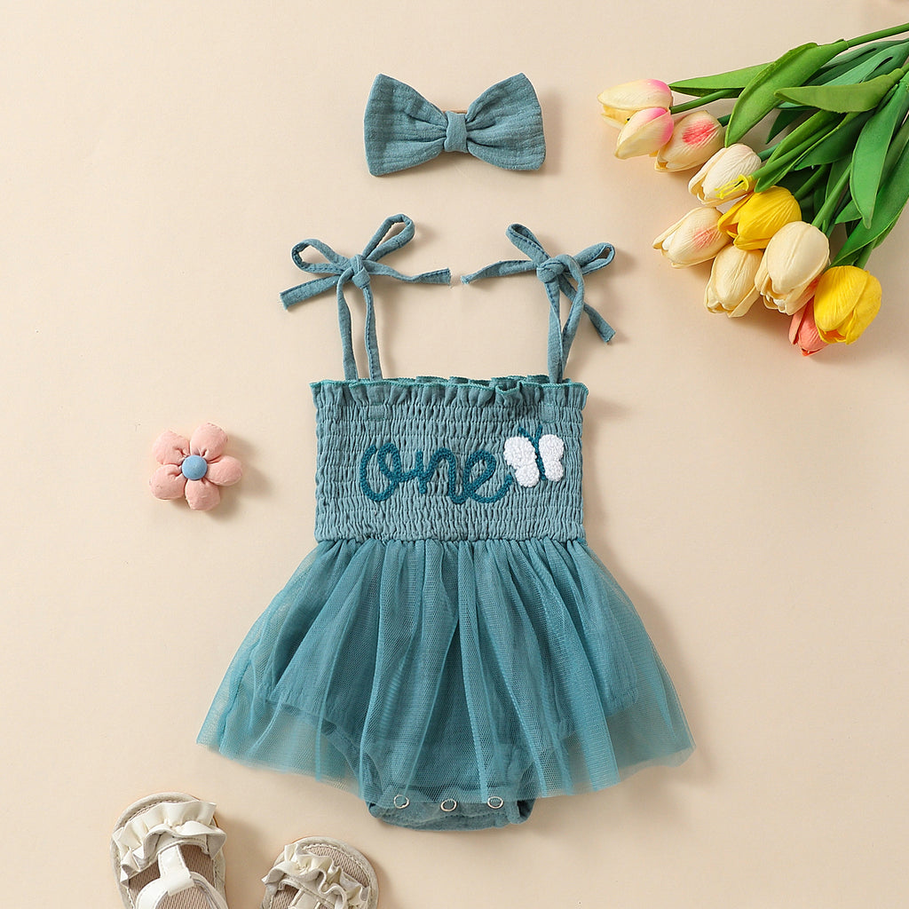 Towel Embroidery Mesh Slip Dress Bowknot Headband Two-piece Set - ANIBEY