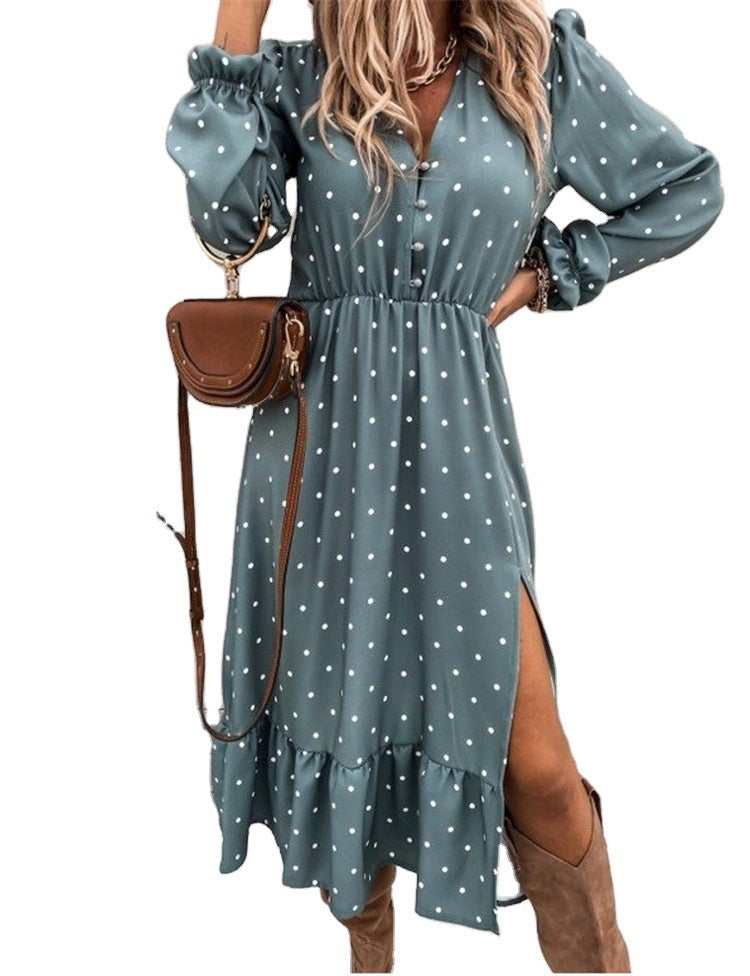 V-Neck Ear Button Polka Dot Fold Print Long-Sleeved Dress - ANIBEY