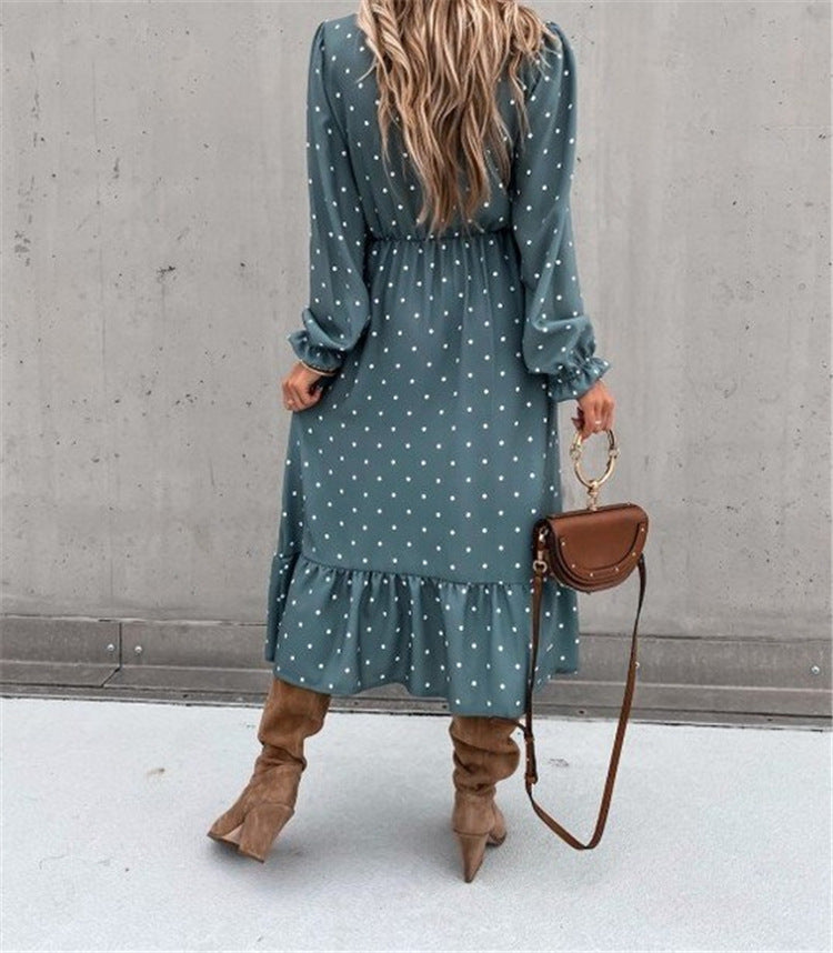 V-Neck Ear Button Polka Dot Fold Print Long-Sleeved Dress - ANIBEY