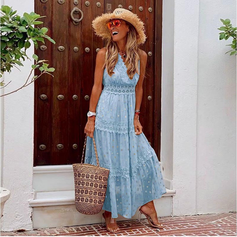 V-neck Lace-trimmed Multicolor Dress Long Skirt - ANIBEY