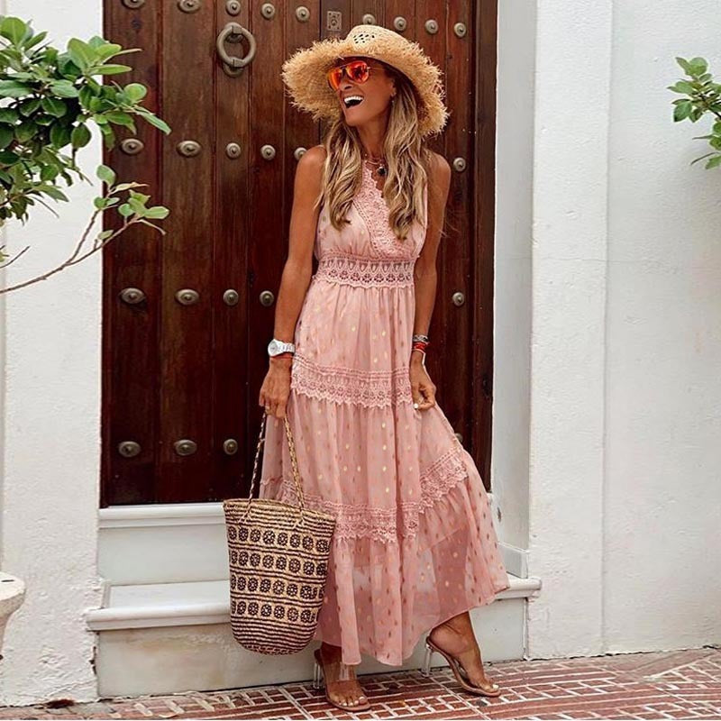V-neck Lace-trimmed Multicolor Dress Long Skirt - ANIBEY