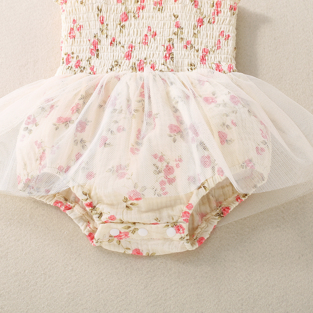 Baby Girl Flower Print Sling Triangle Rompers Tulle Skirt - ANIBEY