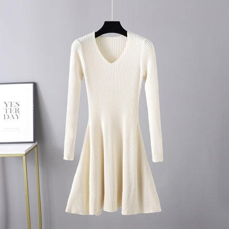 Woolen V-neck Long Sleeved Knitted Women's Dress - ANIBEY