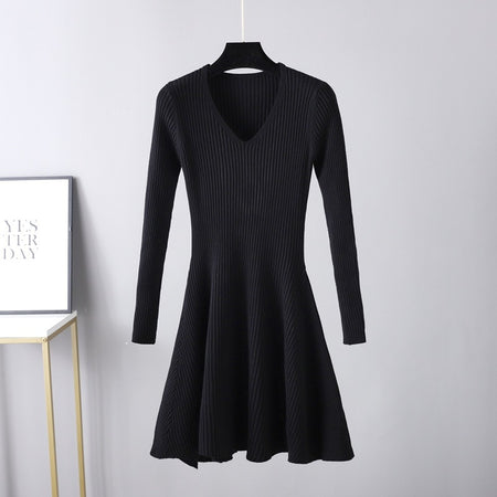 Woolen V-neck Long Sleeved Knitted Women's Dress - ANIBEY