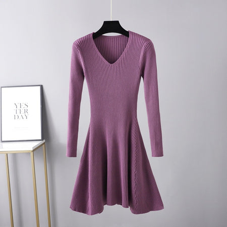 Woolen V-neck Long Sleeved Knitted Women's Dress - ANIBEY