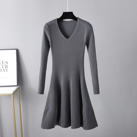 Woolen V-neck Long Sleeved Knitted Women's Dress - ANIBEY