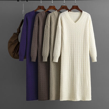 Knitting Dress V-neck Twist Bottoming Sweater Skirt Slit In The Back - ANIBEY