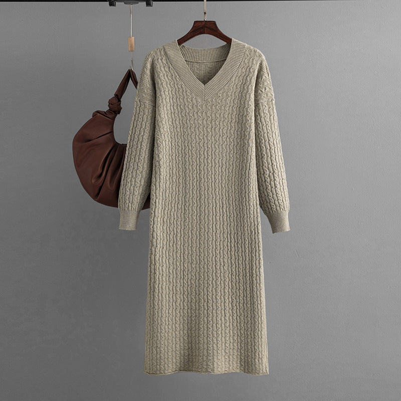 Knitting Dress V-neck Twist Bottoming Sweater Skirt Slit In The Back - ANIBEY