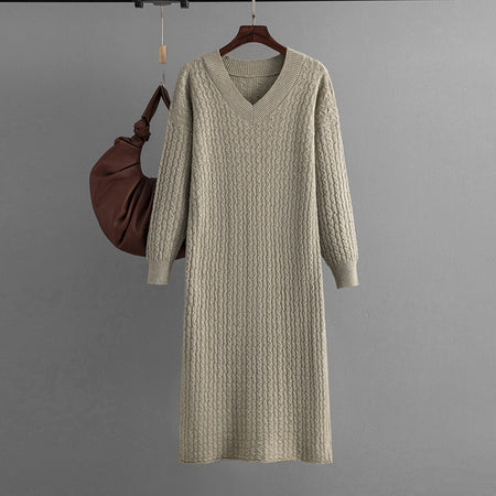 Knitting Dress V-neck Twist Bottoming Sweater Skirt Slit In The Back - ANIBEY