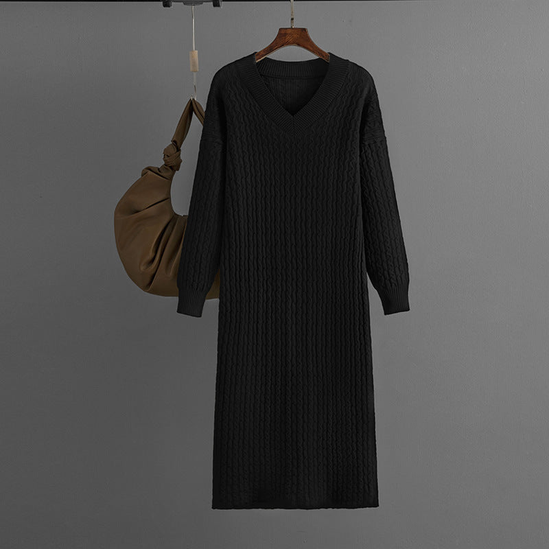 Knitting Dress V-neck Twist Bottoming Sweater Skirt Slit In The Back - ANIBEY