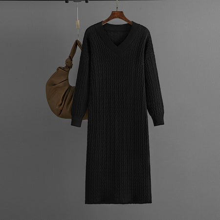Knitting Dress V-neck Twist Bottoming Sweater Skirt Slit In The Back - ANIBEY
