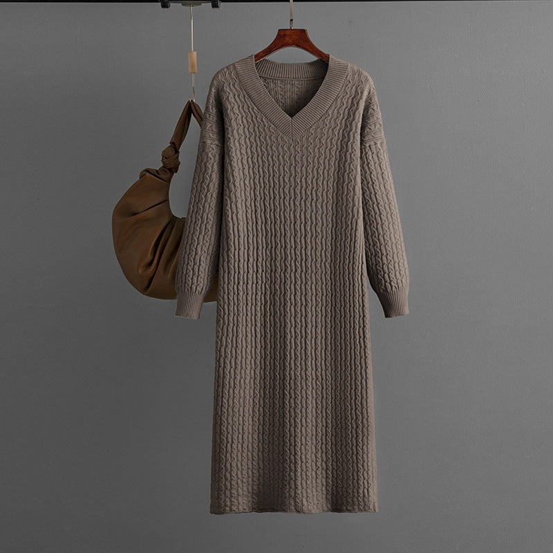 Knitting Dress V-neck Twist Bottoming Sweater Skirt Slit In The Back - ANIBEY