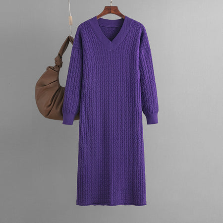 Knitting Dress V-neck Twist Bottoming Sweater Skirt Slit In The Back - ANIBEY