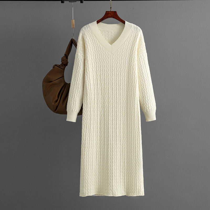 Knitting Dress V-neck Twist Bottoming Sweater Skirt Slit In The Back - ANIBEY