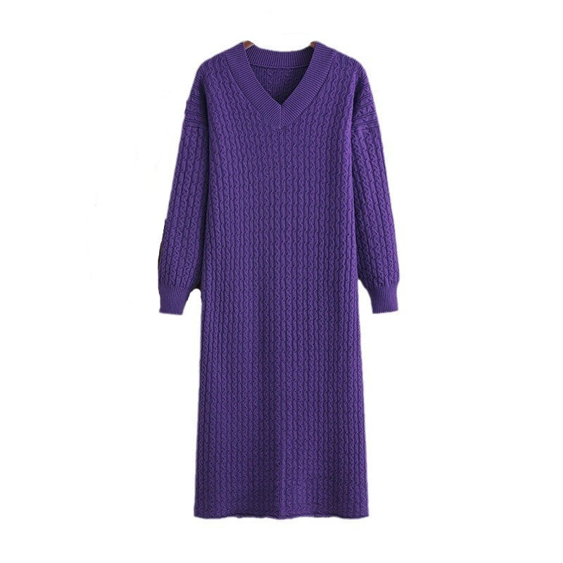 Knitting Dress V-neck Twist Bottoming Sweater Skirt Slit In The Back - ANIBEY