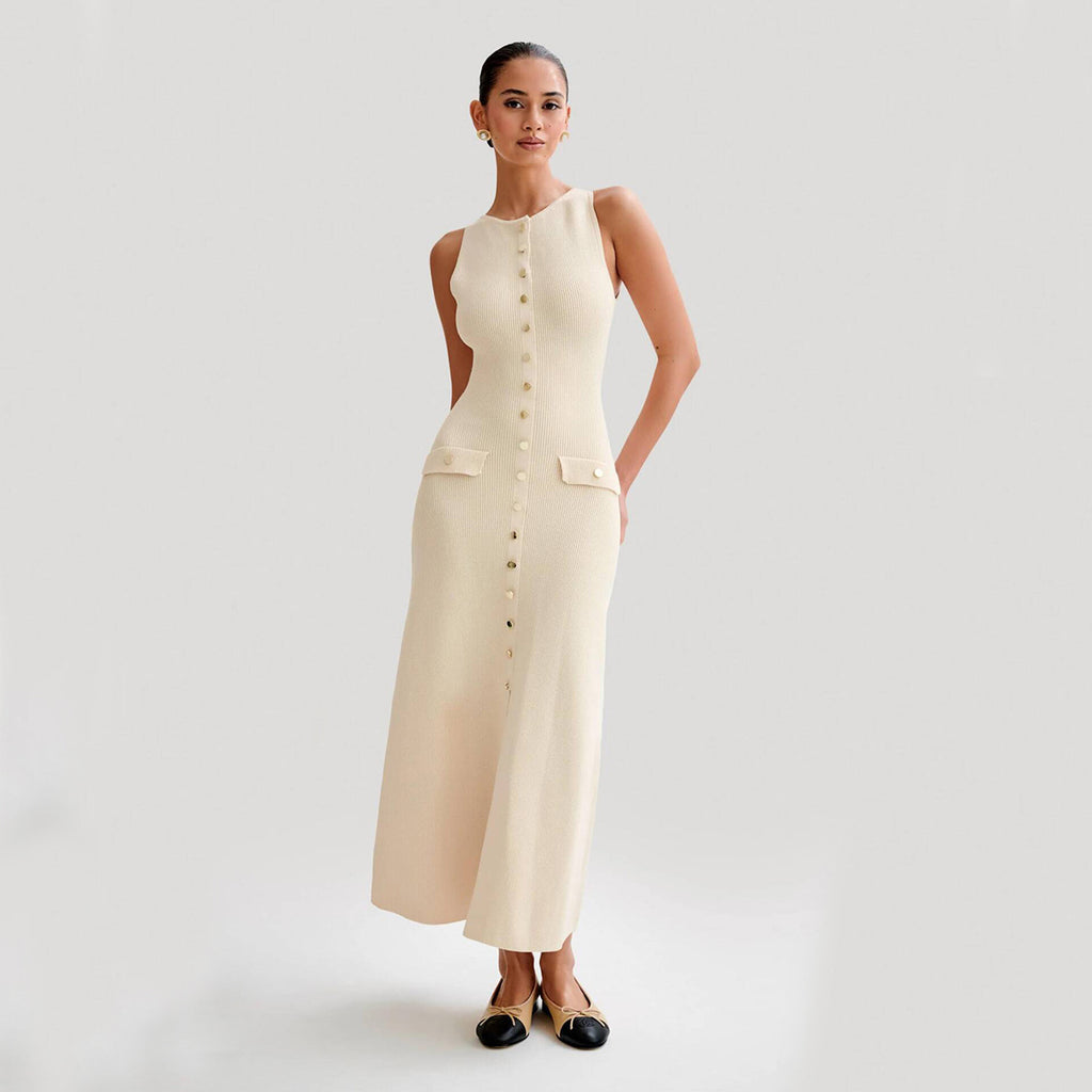 Elegant Knitted Sleeveless With Single Breast Fashion Slim Round Neck Women Dresses - ANIBEY
