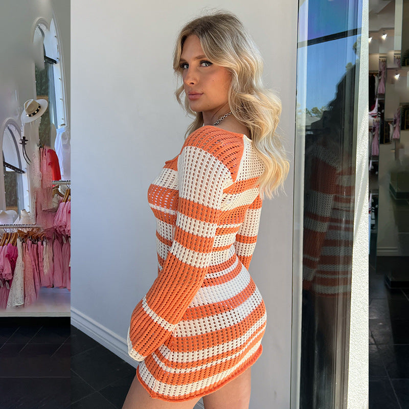 Hollow Out Long Sleeve Knitted Dress Women - ANIBEY