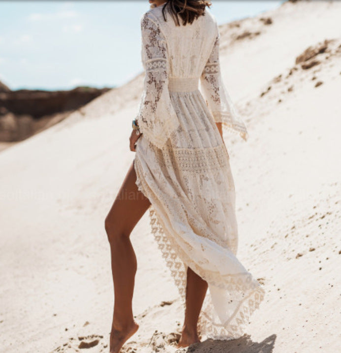 Lace Stitching Lace Fringed Flared Long Skirt - ANIBEY