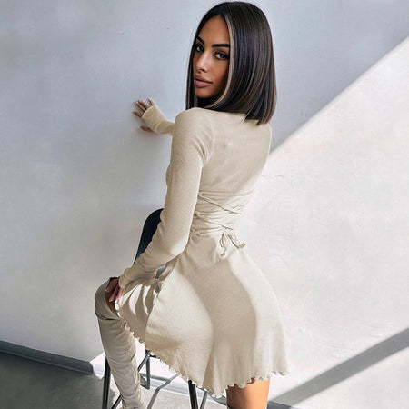 Minimalist Solid Color Back Lace-up Waist-controlled Dress - ANIBEY