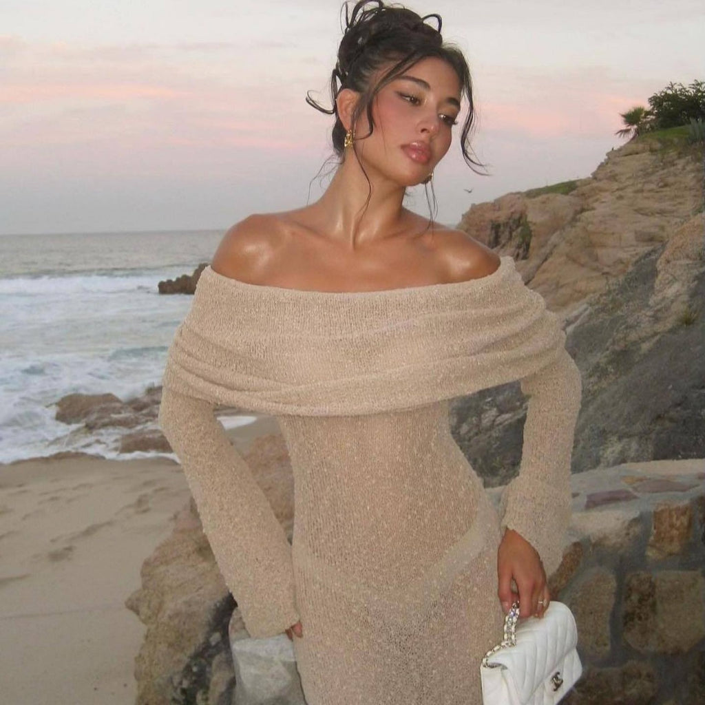 New One-shoulder Knitted Long-sleeved Sexy Beach Holiday Long Dresses - ANIBEY