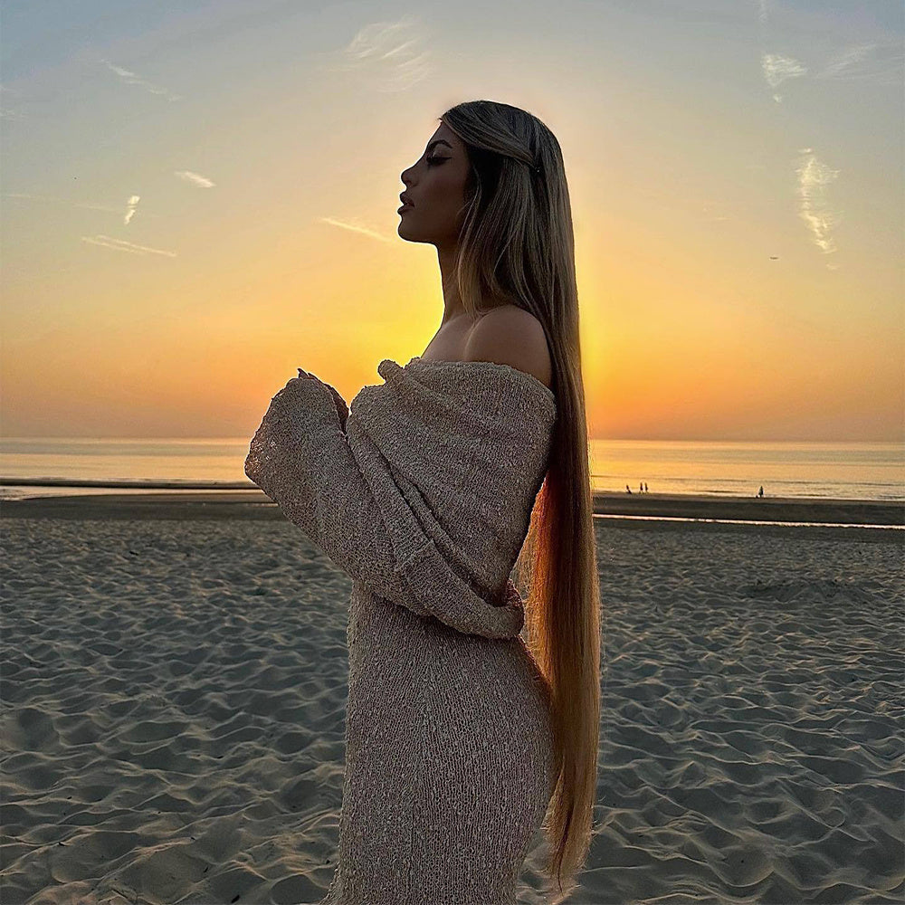New One-shoulder Knitted Long-sleeved Sexy Beach Holiday Long Dresses - ANIBEY