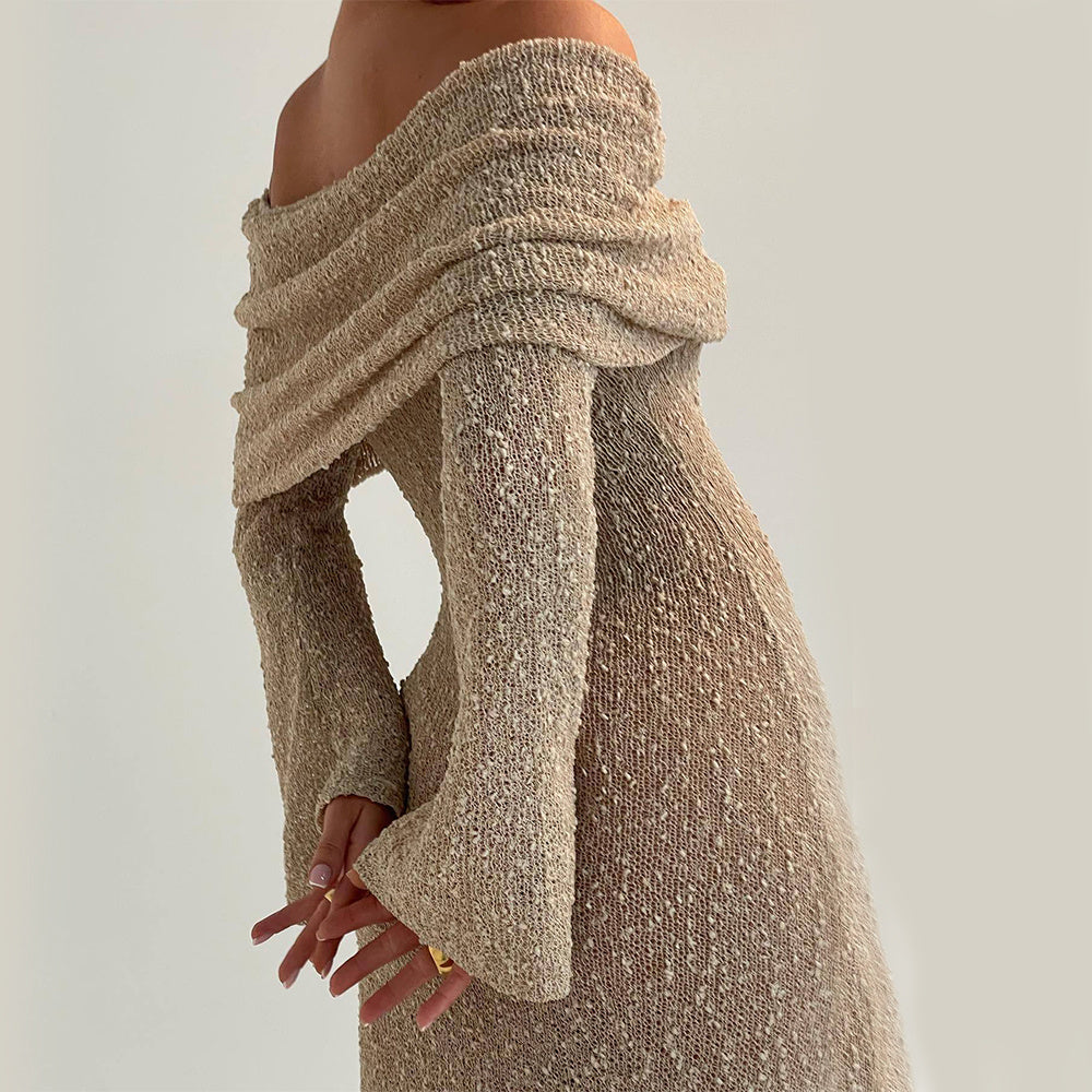 New One-shoulder Knitted Long-sleeved Sexy Beach Holiday Long Dresses - ANIBEY