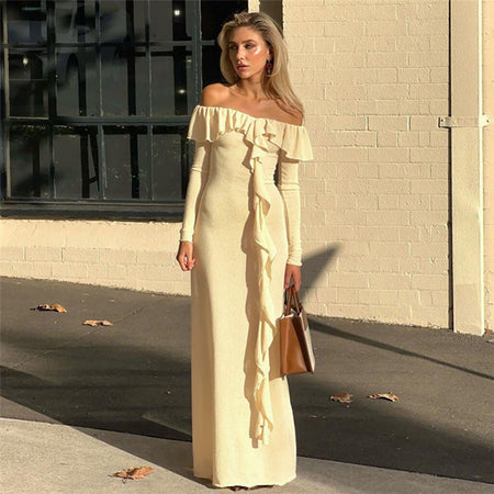 Off-neck Slim Fit High Slit Slim Fit Dress - ANIBEY