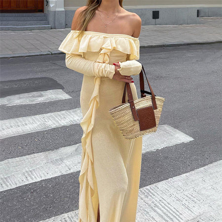 Off-neck Slim Fit High Slit Slim Fit Dress - ANIBEY