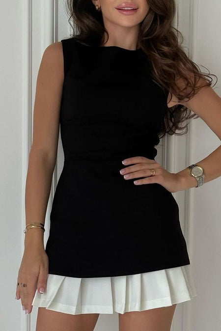 Personality Stitching Pleated Hem Sleeveless Dress Casual Vacation Skirt - ANIBEY