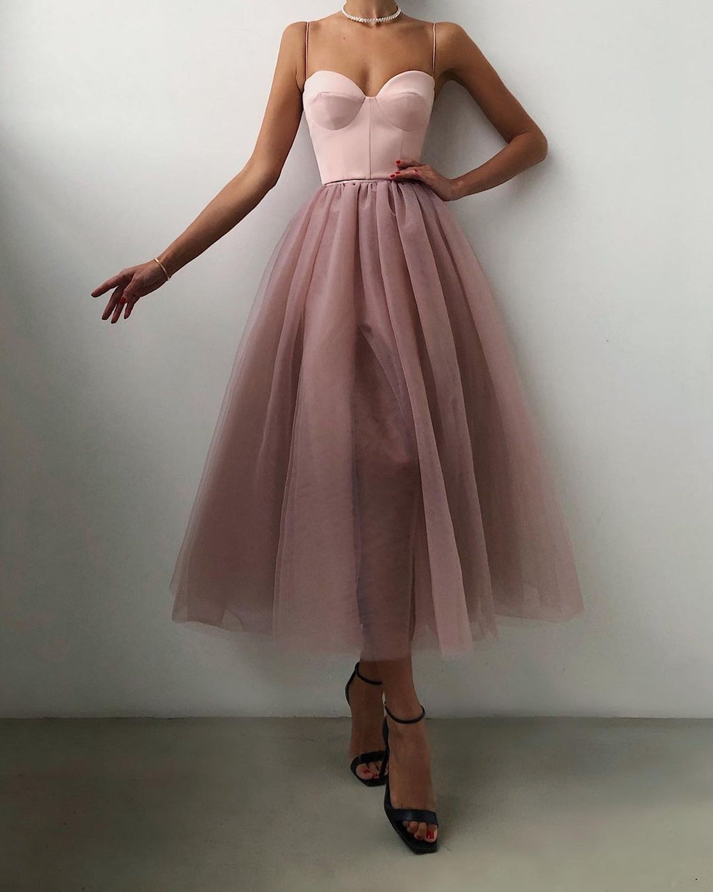 Pure Color Mesh French Retro Dress European And American Tube Top Suspender Skirt - ANIBEY