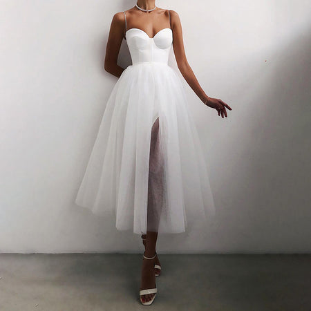 Pure Color Mesh French Retro Dress European And American Tube Top Suspender Skirt - ANIBEY