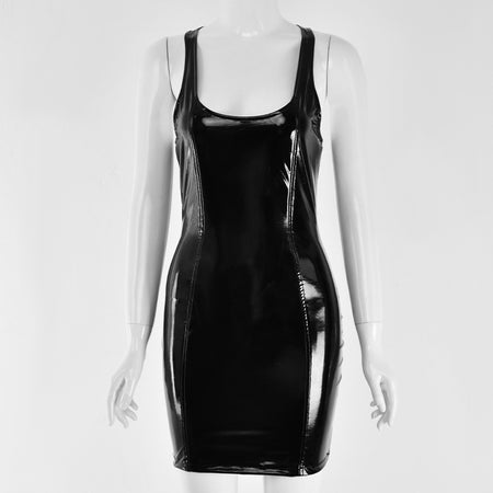 Round Neck PU Sexy Slim Dress Women's - ANIBEY