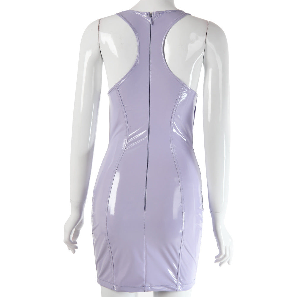 Round Neck PU Sexy Slim Dress Women's - ANIBEY