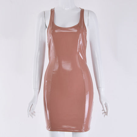 Round Neck PU Sexy Slim Dress Women's - ANIBEY