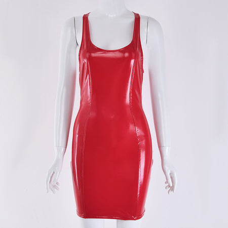Round Neck PU Sexy Slim Dress Women's - ANIBEY