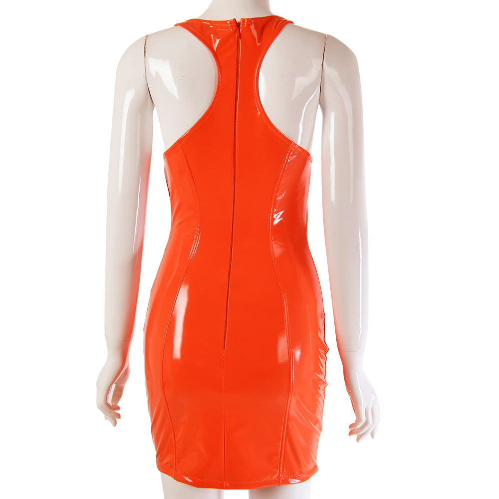 Round Neck PU Sexy Slim Dress Women's - ANIBEY