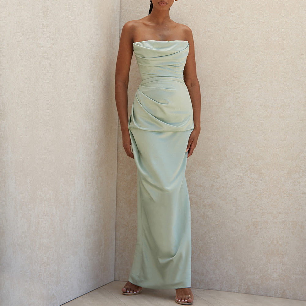 Satin Tube Top Split Knee-length Dress - ANIBEY