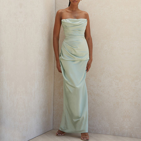 Satin Tube Top Split Knee-length Dress - ANIBEY