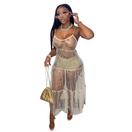 Sling Mesh Bikini Cover Up Dress Stars See Through Mesh Slim - ANIBEY
