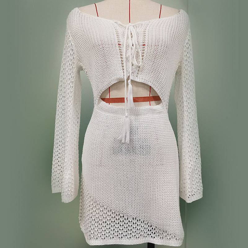Solid Color Hollow-out Knitted Blouse Off-shoulder Long Sleeve Beach Dress - ANIBEY
