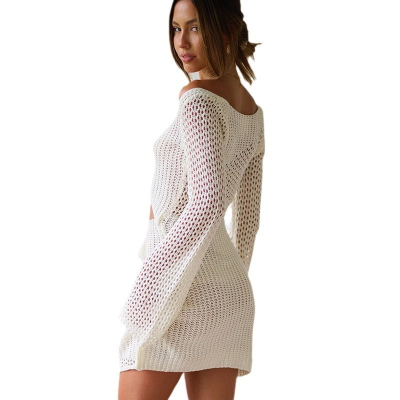 Solid Color Hollow-out Knitted Blouse Off-shoulder Long Sleeve Beach Dress - ANIBEY