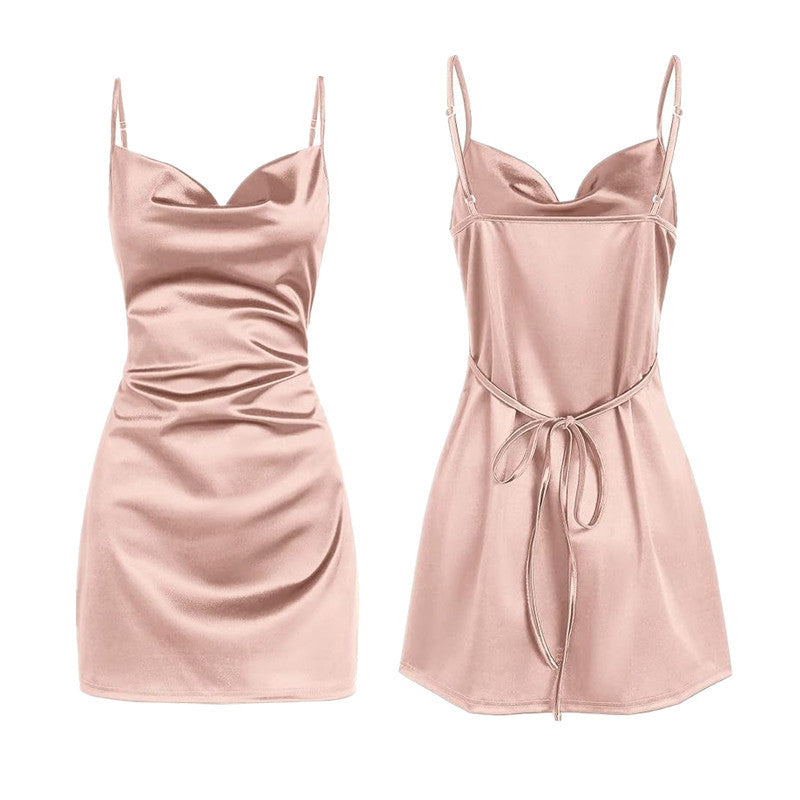 Strap Satin Backless Lace Up Dress Summer Sexy Elegant - ANIBEY