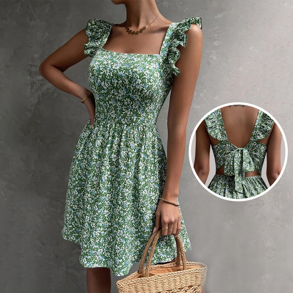 Summer Square-neck Ruffled Sleeveless Dress With Bow-tie Backless Design Fashion Casual Holiday Beach Dresses For Womens Clothing - ANIBEY