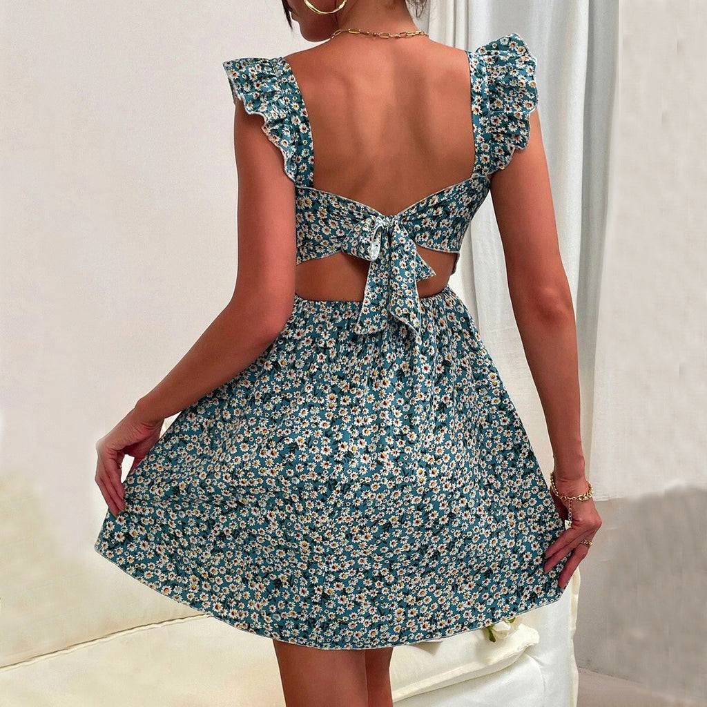 Summer Square-neck Ruffled Sleeveless Dress With Bow-tie Backless Design Fashion Casual Holiday Beach Dresses For Womens Clothing - ANIBEY